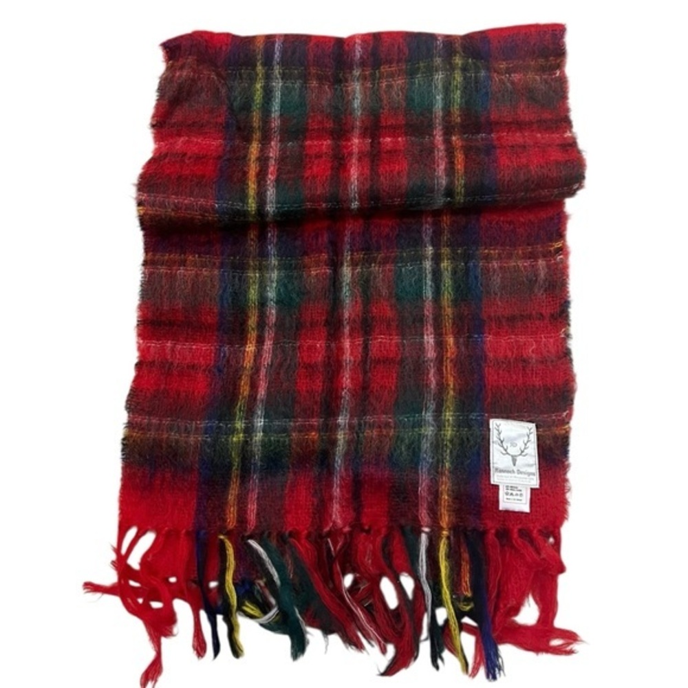 Rannoch Designs vintage Scottish red plaid mohair & wool large scarf w/ fringe